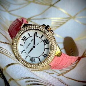 Michael Kors Pink Leather and Gold Crystal Embellished Watch